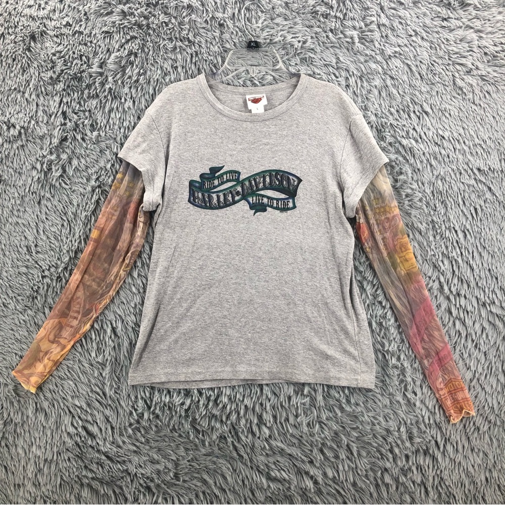 Harley Davidson Shirt Womens Large Spellout Gray See Thru Logo Sleeves